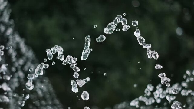 Macro view shows fountain droplets dancing in mid-air to form a dynamic wavy stream against a green background. The slow motion creates a serene and abstract visual of pure liquid.