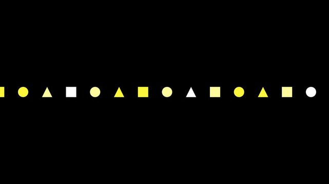 Minimalist geometric shapes animation: dynamic yellow triangles, squares, and circles pattern on 4k black background