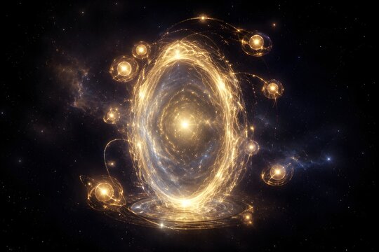 Stunning Astrophotography Visual Displaying Astounding Celestial Gate Made From Trapped Starlight And Orbiting Glowing Orbs