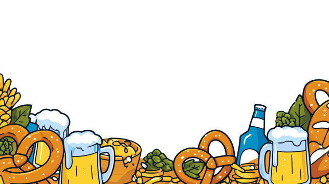 A vibrant hand-drawn border showing frothy beer mugs golden pretzels and fresh hops creating a festive and inviting atmosphere