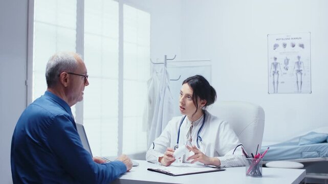 Female doctor recommends pills to an elderly retired man in her office, explaining medication options and preventive healthcare during practical medication guidance.