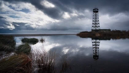 Obraz premium calm water reflection of tower in overcast sky scene