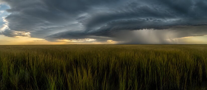 Dense sawgrass prairie stretching endlessly beneath stormy sky in ultra-wide dramatic landscape photography visual visual
