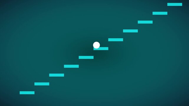 4k white ball bouncing up teal stairs concept: success, growth, and progress animation