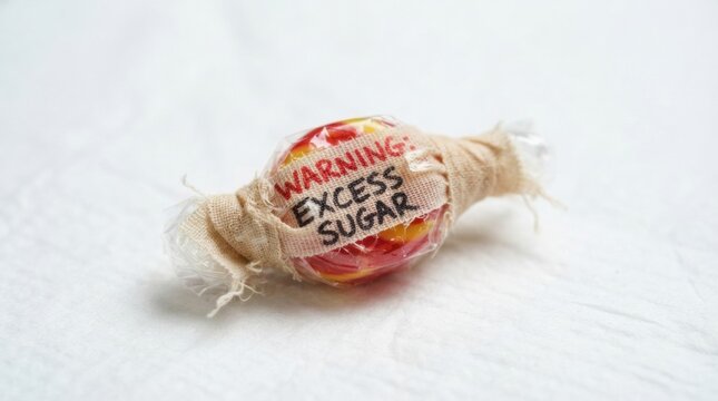 Close-up wrapped candy with a warning excess sugar label for health awareness poster or packaging design and food safety background