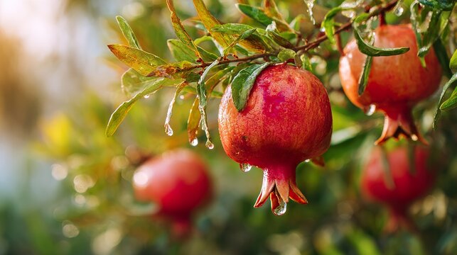 Pomegranate hanging on tree branch in garden. Pomegranate with water drops.