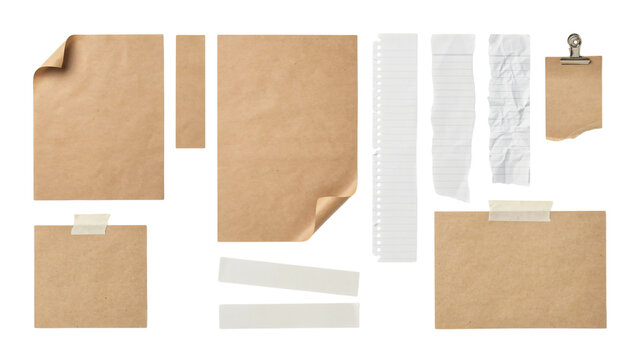 Set of craft paper sheets torn notebook pages and tape on light backg