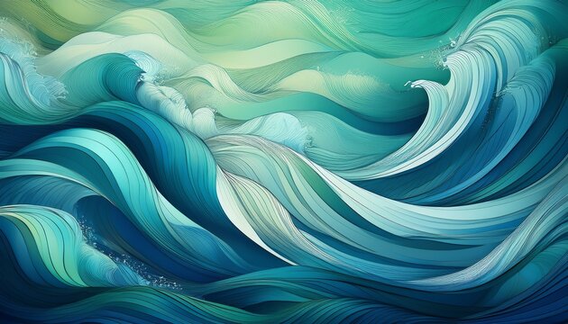 A Serene Natural Scene Of Wavy Ocean Waves In Various Shades Of Blue And Green