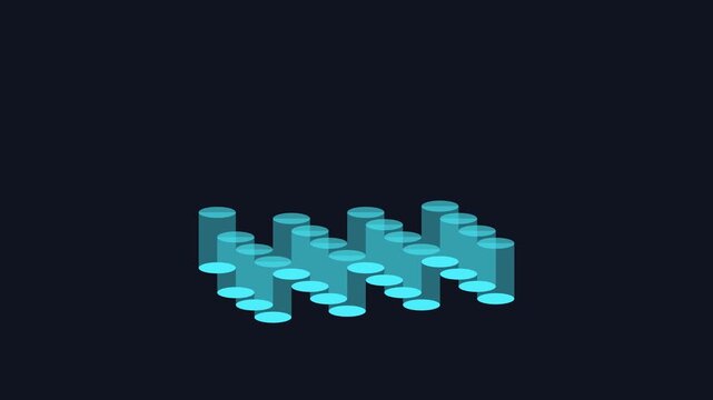 Abstract digital waveform animation with glowing blue cylinders moving in rhythm 4k