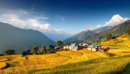 Obraz premium exotic summer view of nepalrs village picturesque morning scene of farmland in nepal asia beauty of countryside concept background
