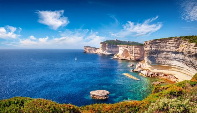wonderful marine scenery sunny morning scene of famous bonifacio clifs le grain de sable bright summer view of corsica island france europe amazing mediterranean seascape