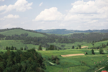 Rolling green hills and forest landscape under a cloudy sky © Sabineyro
