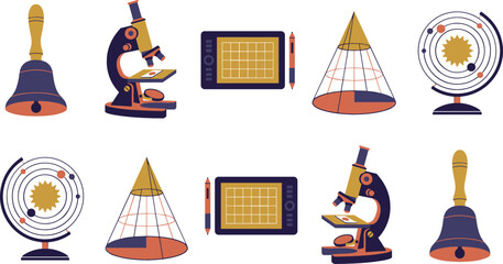 Education and STEM Science Icon Set Featuring Vintage School Bell Microscope Digital Graphics Drawing Tablet Geometric Cone and Solar System Orrery Model © MdMostakin