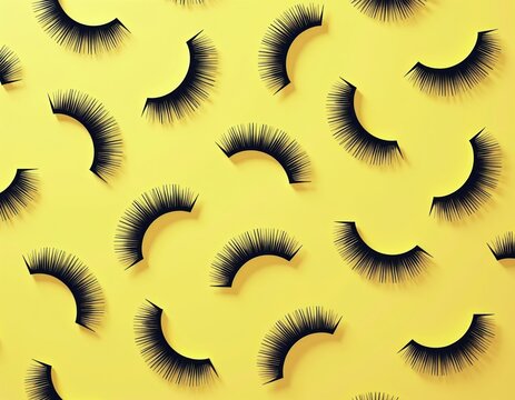 False eyelashes arranged in repeating pattern on vibrant yellow background. Lash strip black, feathery, curved, creating cosmetic beauty theme. Visual emphasizes eye enhancement products, styles.