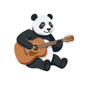Panda bear playing acoustic guitar sitting.
