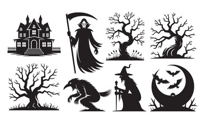 Fototapeta premium Collection of halloween silhouettes including a haunted house, grim reaper with scythe, bare trees, werewolf, witch, and a crescent moon with bats isolated on a white background