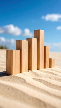 Wooden Blocks Arranged on a Sandy Beach Against a Blue Sky