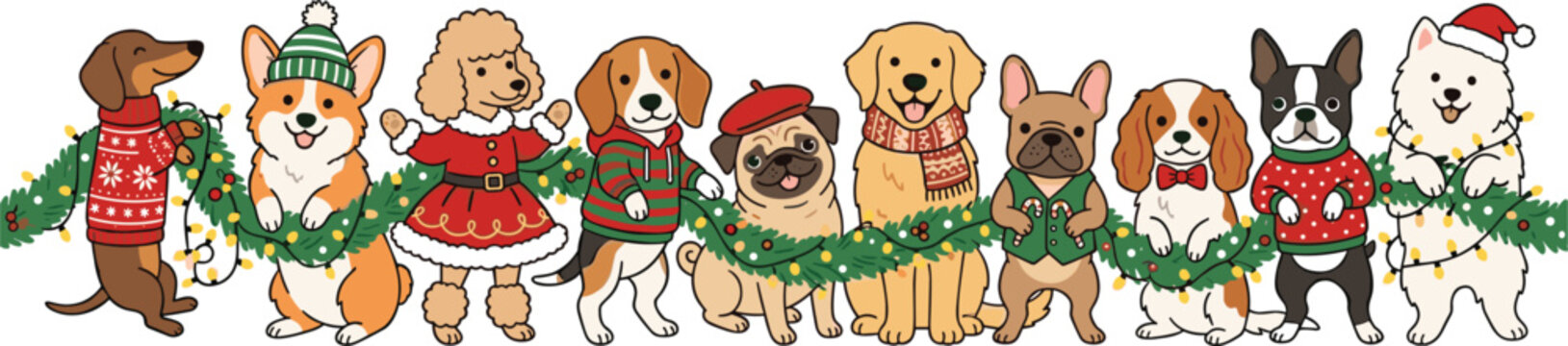 Christmas Dog Breeds Vector Border Set Featuring Cute Puppies Holding Winter Garland with Festive Lights Wearing Holiday Outfits Panoramic Banner Illustration
