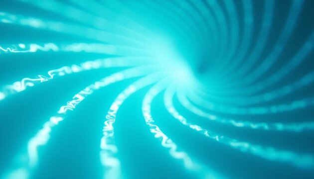 Abstract teal light vortex with glowing spiral lines dynamic digital space futuristic data flow
