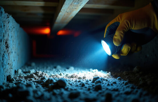 Hand in yellow glove holds bright flashlight, illuminates dusty crawlspace floor. Wood beams above, dark background. Inspects foundation, checks for pests, leaks, or damage.
