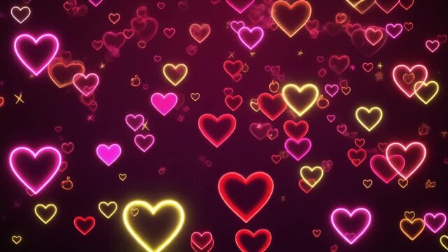ネオンのハートがとろりとした光を纏いながらまばらに漂い暗紫の夜空をゆったりと横切るループ動画です。抜け感のある配置が文字やロゴを重ねても邪魔をしない余裕ある画面をつくり出しています。