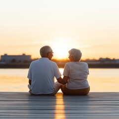 Fototapeta premium Back view of a senior couple sitting on a wooden pier, enjoying a peaceful golden hour sunset over the water, embodying enduring love and companionship, serenity, retirement