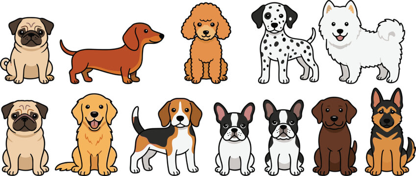 Cute Cartoon Dog Breeds Icon Set Featuring Pug, Dachshund, Poodle, Dalmatian, Samoyed, Golden Retriever, Beagle, French Bulldog, Labrador, and German Shepherd Vector Illustration