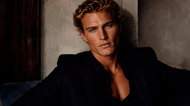 A high-end studio portrait of a handsome young man with blonde hair, wearing a sophisticated black suit. The image features dramatic cinematic lighting and a textured concrete background, evoking a lu