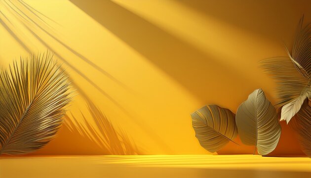 D Render Abstract Summer Yellow Background With Tropical Leaf Shadow And Bright Sunlight Dais Pierre Ombre Jaune Pave Rocher Scene