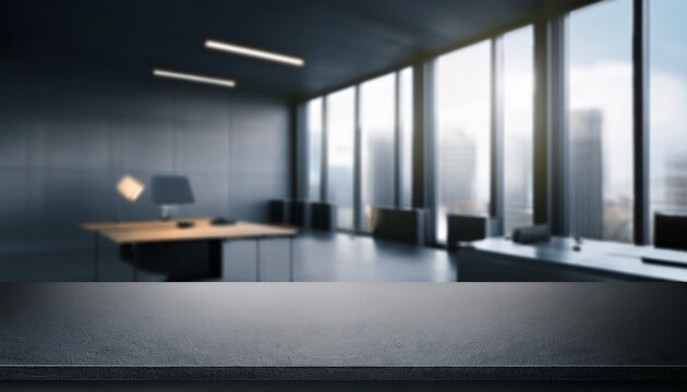empty dark grey desk with blurred office background excellent for product presentation