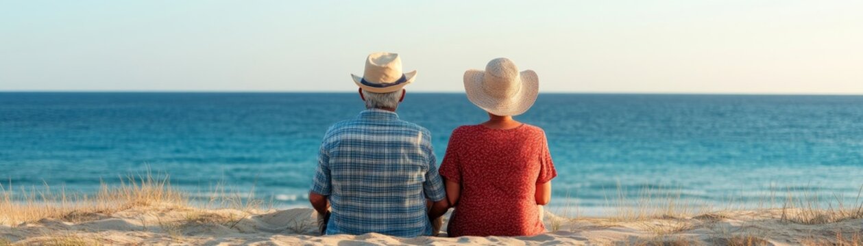 Back view of an elderly couple wearing hats sitting together on a sandy dune, romantic seaside sunset, serene companionship, retirement lifestyle, vacation, retirement