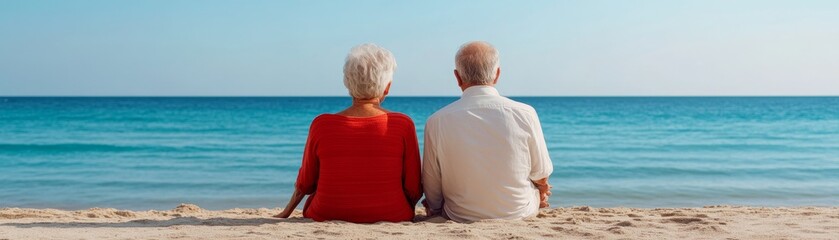 Fototapeta premium Elderly couple in red and white clothes sitting on sand, back view against calm blue sea, minimalist composition capturing serene retirement,Aging, Peace