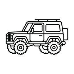 Obraz premium Black and white line art illustration of a rugged off-road SUV vehicle.