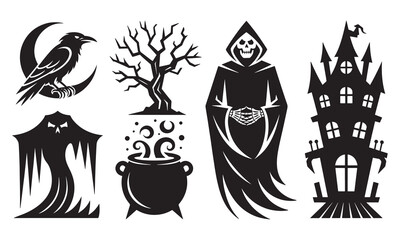 Fototapeta premium Set of halloween black silhouette including a raven on a crescent moon, a bare spooky tree, a grim reaper, a steaming witch cauldron, and a haunted mansion house on white background