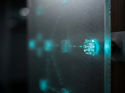 Abstract glowing network diagram displayed on a glass surface, representing connections and data flow in a technological context