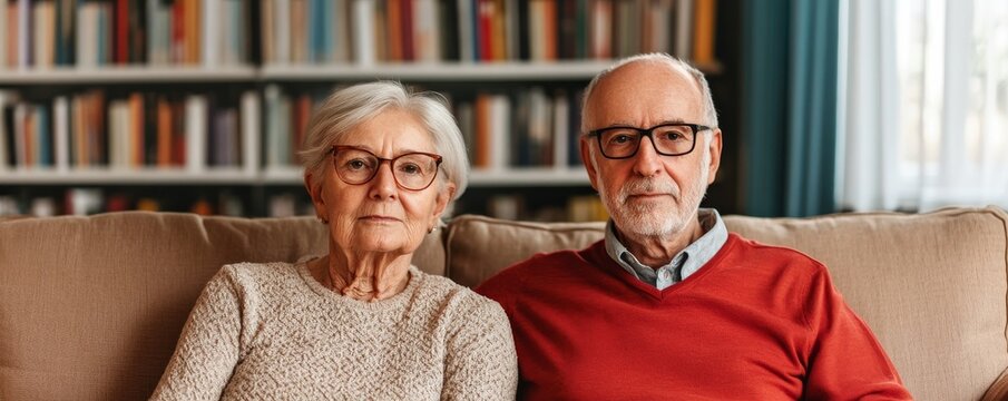 Portrait of an elderly couple in glasses, composed medium shot on a beige sofa against a blurred library background, capturing a peaceful retirement concept, seniors, library