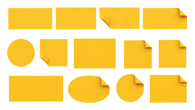 Set of yellow sticky notes of different shapes with curled corners