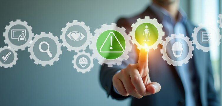 Businessperson touches gear icons showing safety check risk analysis employee wellness, compliance. Person manages operational excellence safety standards, workplace protection. Workflow safety