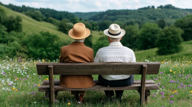 Rear view of an elderly couple in hats sitting on a wooden bench in a scenic wildflower meadow, capturing a concept of enduring love and peaceful retirement, senility, companionship