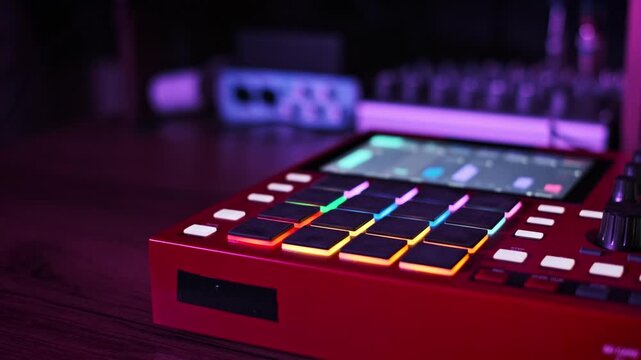 Static shot of a vibrant red beatmaker featuring dynamically changing multi-colored illuminated pads. A screen displays graphic audio waveforms in a professional studio setup.