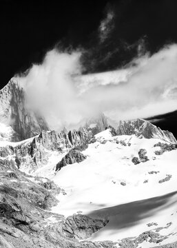 Black and white documentary landscape of Patagonia peaks
