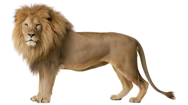 Majestic male lion with full mane, standing proudly isolated on transparent background