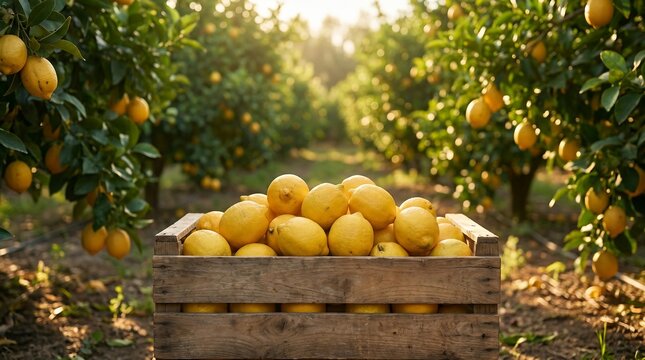 A wooden crate filled with lemons in a lush orchard during sunset silhouette