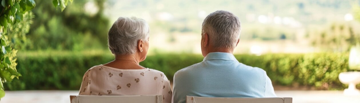 Rear view of an elderly couple sitting side-by-side on chairs, bathed in soft golden hour sunlight, conveying peaceful companionship and lifelong love, seniors, togetherness