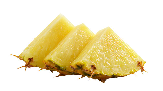 Three juicy pineapple slices with spiky green and brown rind, isolated on transparent background