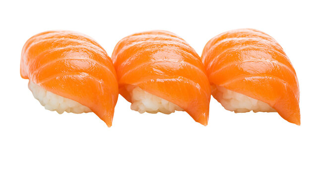 Three fresh salmon nigiri sushi pieces, isolated on transparent background