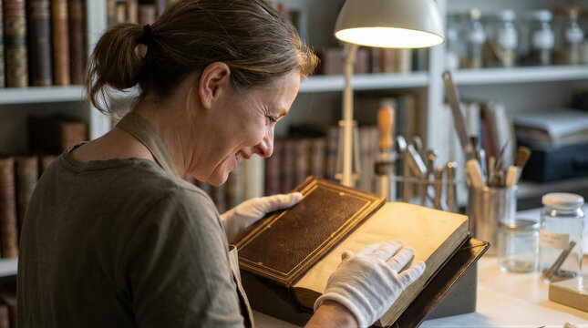 Woman archivist wearing white cotton gloves examining antique book in library workshop. Professional conservator inspecting vintage document for restoration. Historical archive preservation