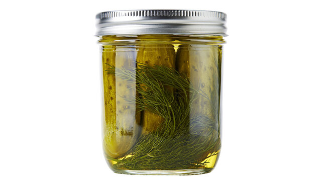 Glass jar filled with dill pickles and brine, isolated on transparent background