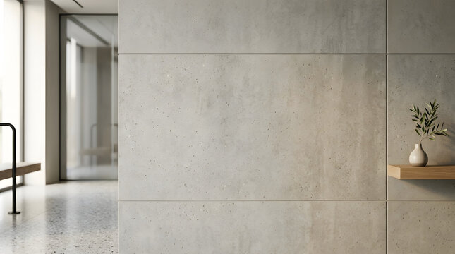 Modern Minimalist Interior: A clean and contemporary interior space featuring a concrete wall, wooden shelf, and a small plant, exuding tranquility and sophisticated design.