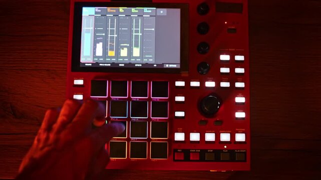 Musician hands tap illuminated pads on a red sampler console during a rhythmic recording session. Concept of electronic music production, creativity, and modern audio technology workflow.